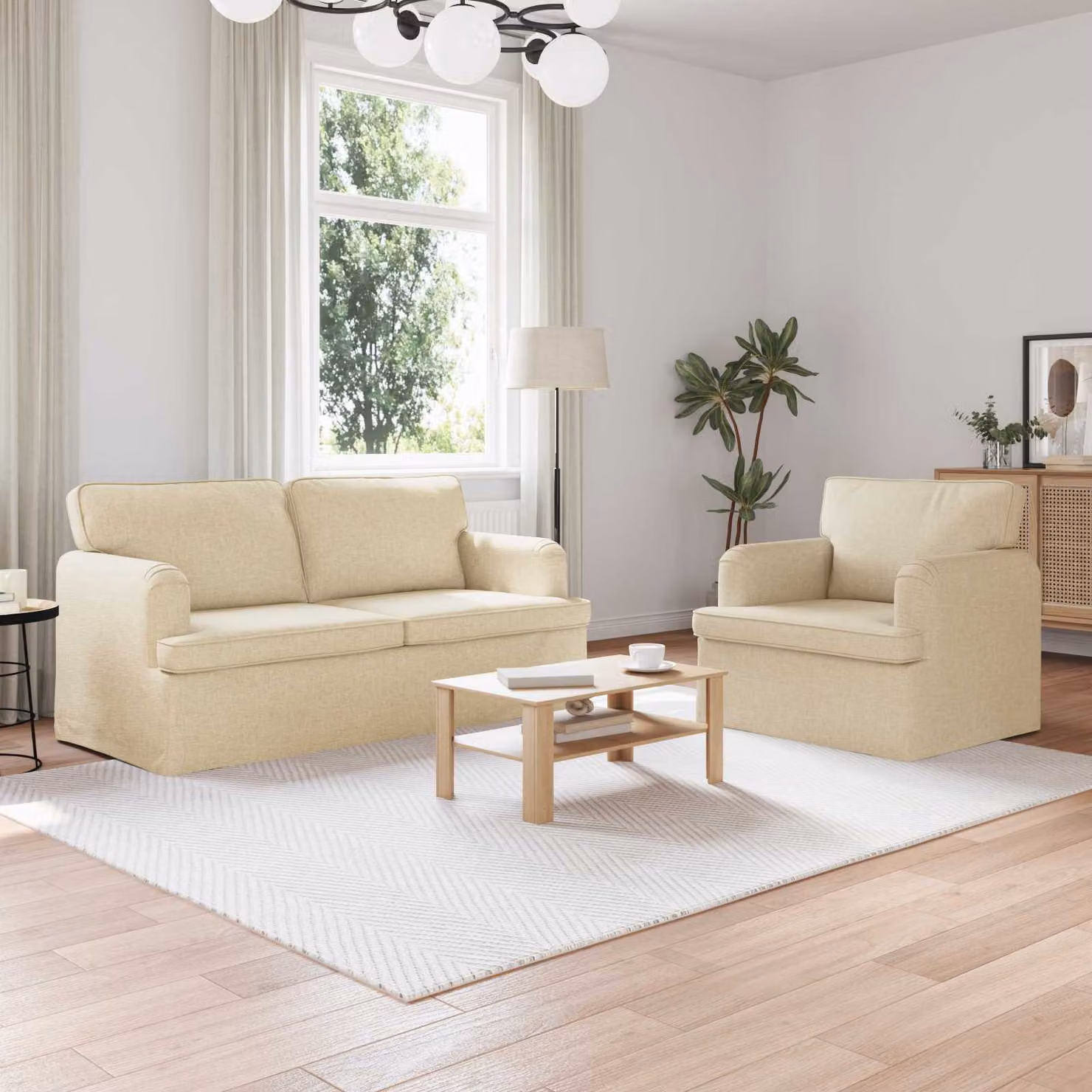 Set di 2 divani moderni vidaXL in tessuto beige con struttura in metallo L: 162 cm, P: 80 cm, H: 85 cm – 1