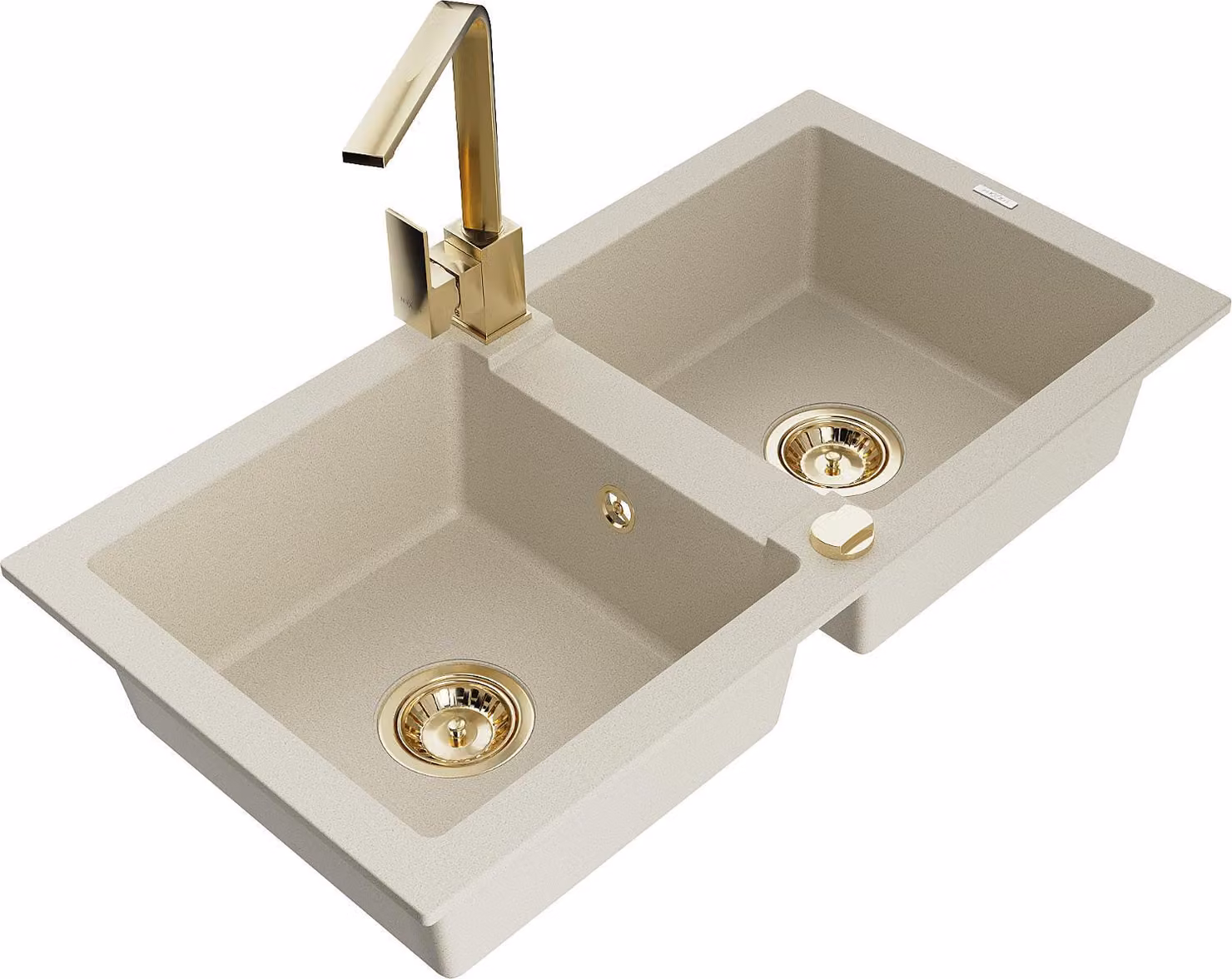 Mexen Mario lavello in granito a 2 vasche con rubinetto da cucina Rita, beige - 6504-69-670300-50