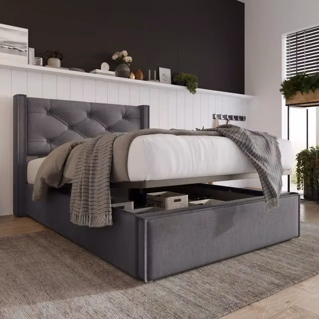 Letto singolo imbottito 90 × 200 cm con contenitore sollevabile in cotone grigio con testiera trapuntata