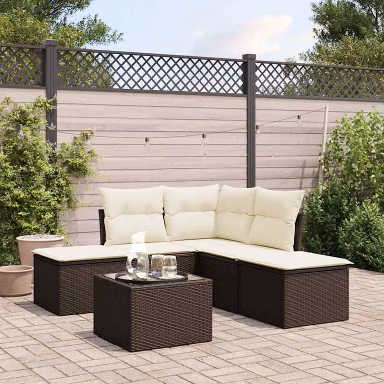 vidaXL Set Divano da Giardino 6 pz a L con Cuscini Marrone e Bianco in Polyrattan e Tavolino con Piano in Vetro