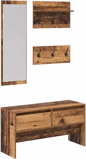 Set mobili da ingresso DESIGN IN composto da 4 pezzi in legno marrone con panca, specchio e appendiabiti da parete in stile minimalista – 1