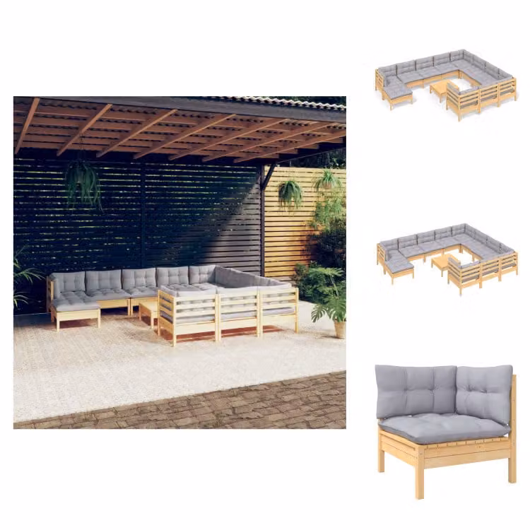 vidaXL Set di 12 pezzi da giardino con cuscini grigi in legno di pino - Set di mobili da giardino