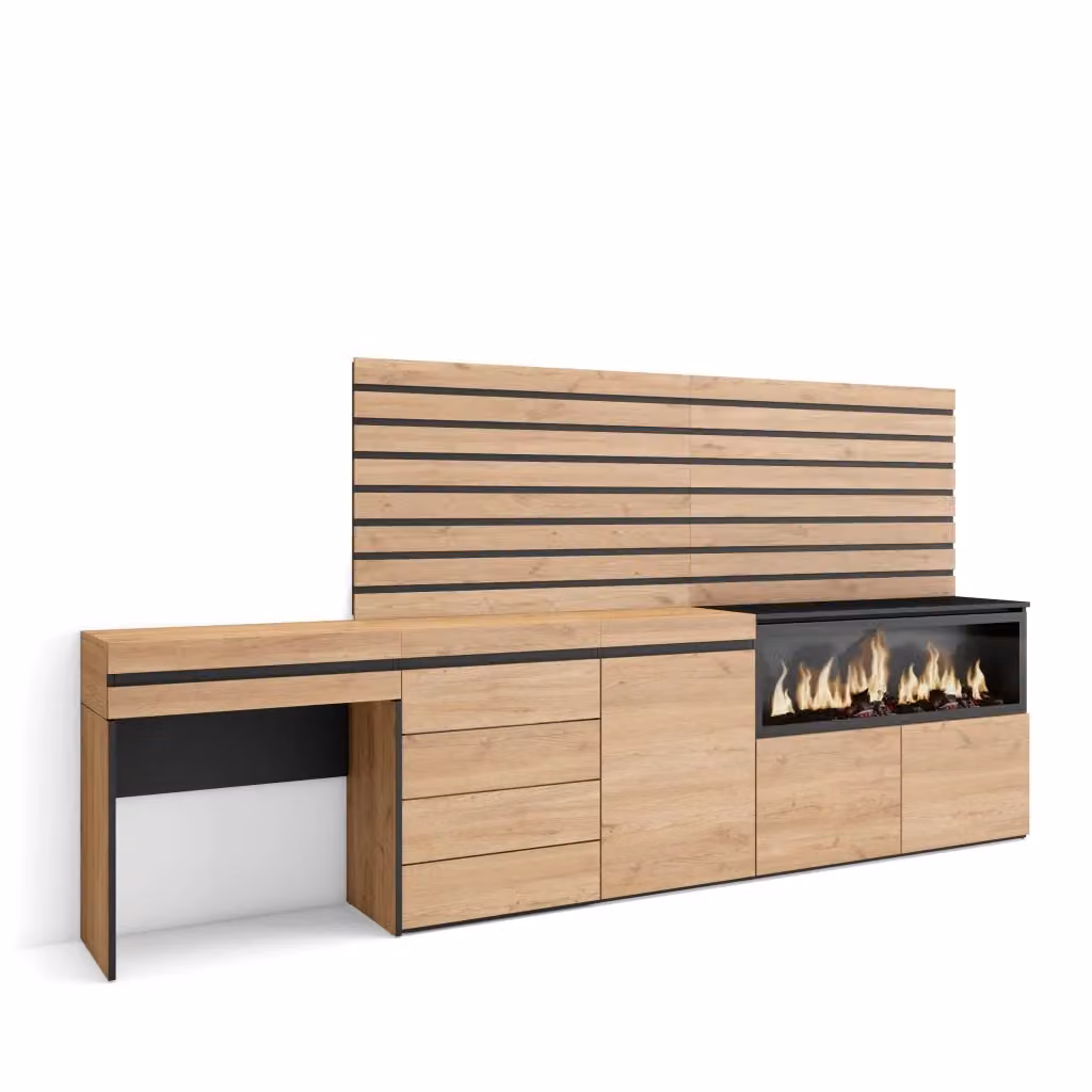 Tavolo da toeletta SKRAUT HOME con camino elettrico XXL, cassettiera e pannelli decorativi, colore Rovere, L: 284 cm, P: 35 cm, H: 145 cm – 2