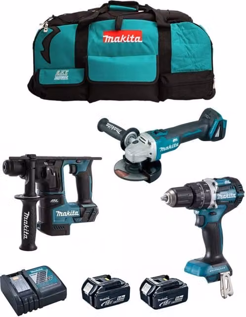Kit utensili a batteria Makita MK307 con avvitatore DHP484, perforatore DHR171, smerigliatrice DGA504, 2 batterie da 5,0 Ah e caricabatterie DC18RC serie LXT