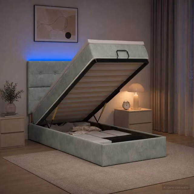 Letto Ottomano con Materasso Ibrido e Illuminazione LED vidaXL, Grigio e Bianco, L/P/H: 190 x 90 x 44 cm – 1