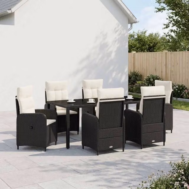 Set da pranzo per esterni vidaXL in polyrattan con piano in vetro, 7 pezzi, Nero e Bianco – 1
