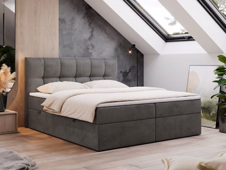 Letto boxspring 160x200 con contenitore, letto con materasso Multipocket - topper H3, letto imbottito 160x200 con contenitore e testiera, letto boxspring con materasso H3 - RICO - 160x200 - Grigio scuro - Velvet - H3