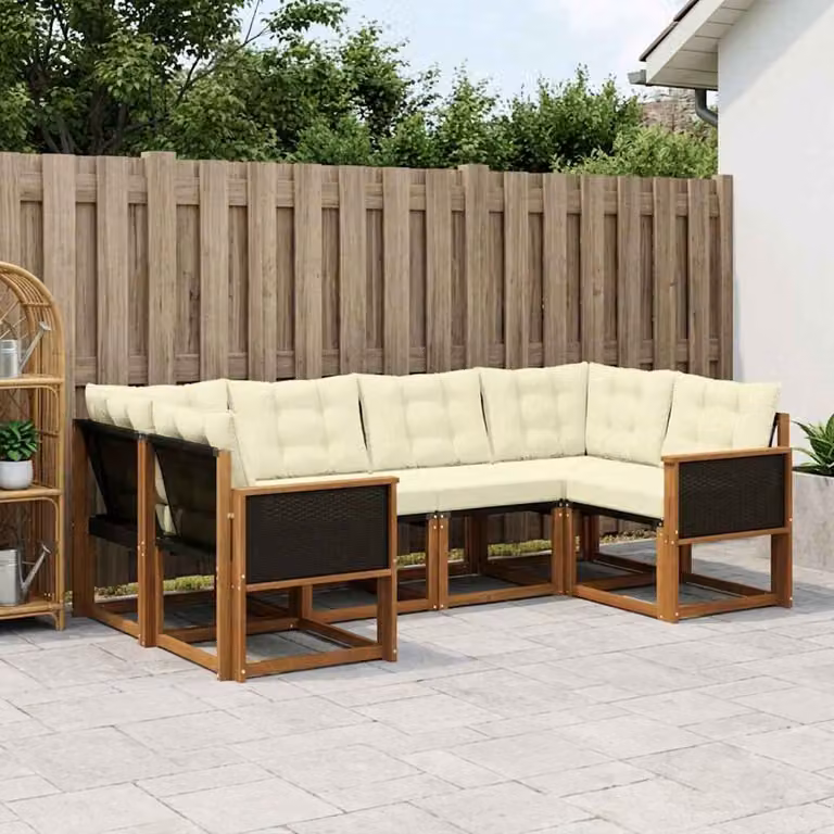 Set di divani da esterno vidaXL a forma di L composto da 6 pezzi in legno di acacia con rivestimento in textilene, colore marrone e beige