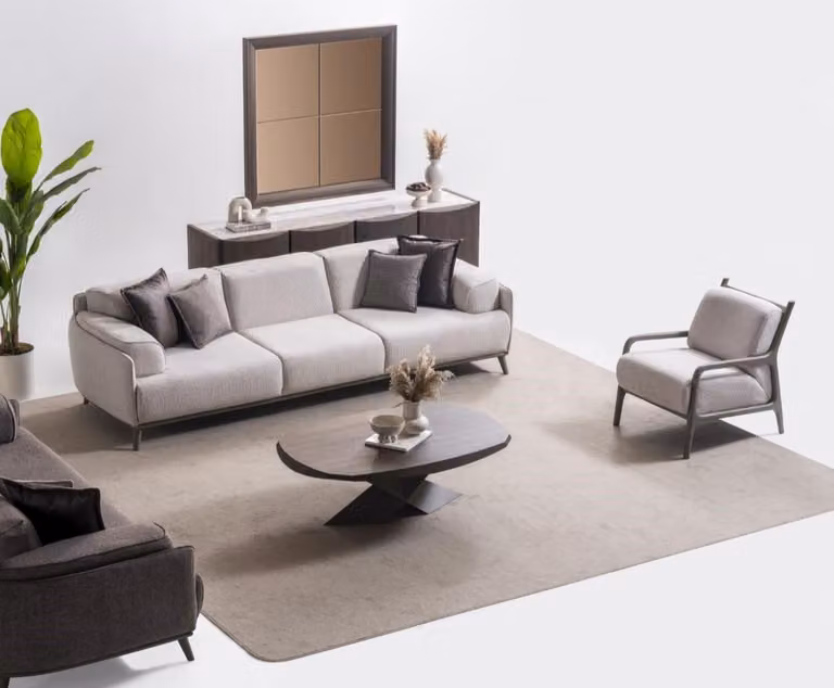 Moderner grauer Holzwohnzimmerset 5-teilig mit Sofa, Couchtisch