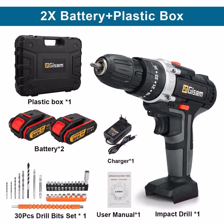 Avvitatore a batteria - Avvitatore a batteria 88VF - 25+3 livelli di coppia - 2 batterie incluse - Per il fai da te/lavori in legno - Valigetta in plastica