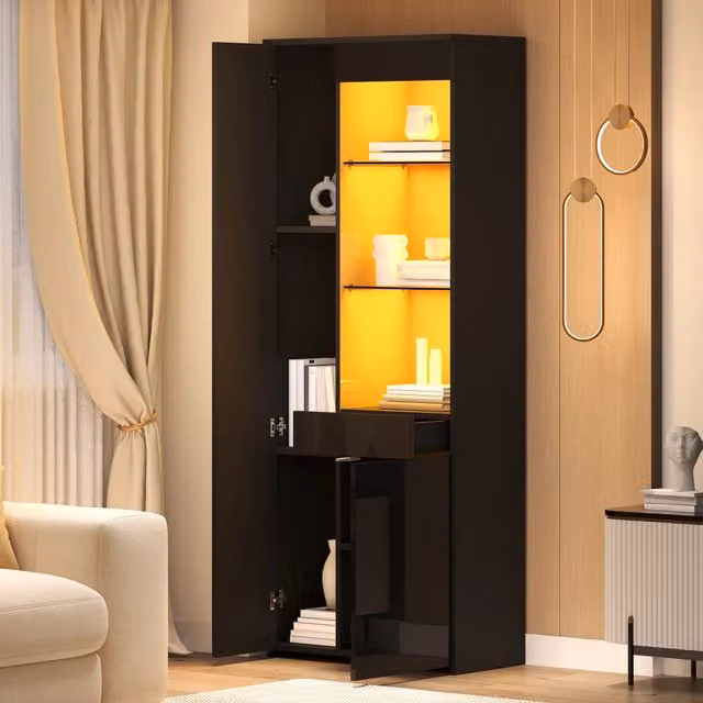 Vetrina con 2 ante, cassetto e vani semichiusi, illuminazione LED regolabile per soggiorno, in truciolare nero, 70 × 35 × 180 cm