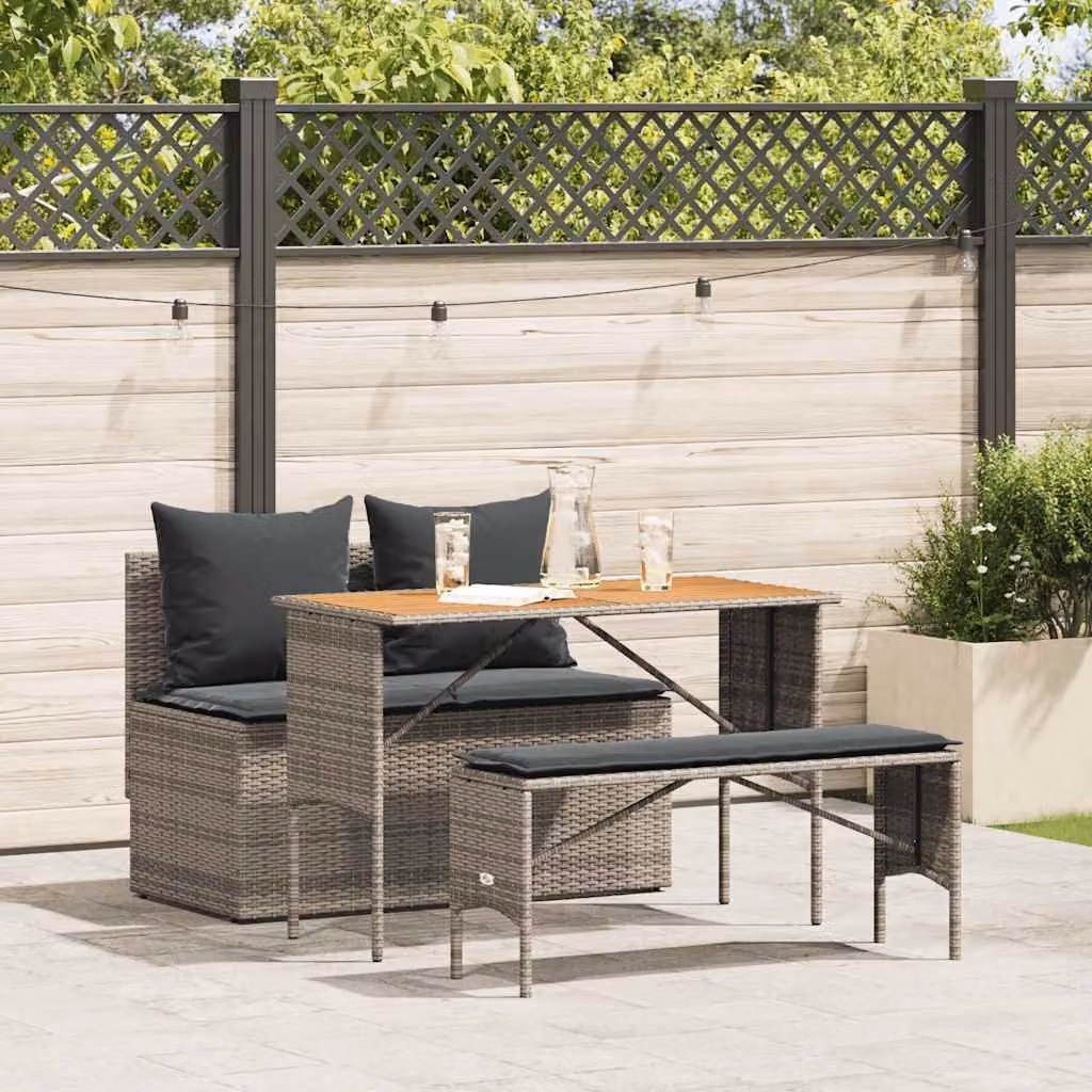 Set da Pranzo da Giardino vidaXL in Polyrattan e Legno di Acacia Grigio con 3 Pezzi e Cuscini
