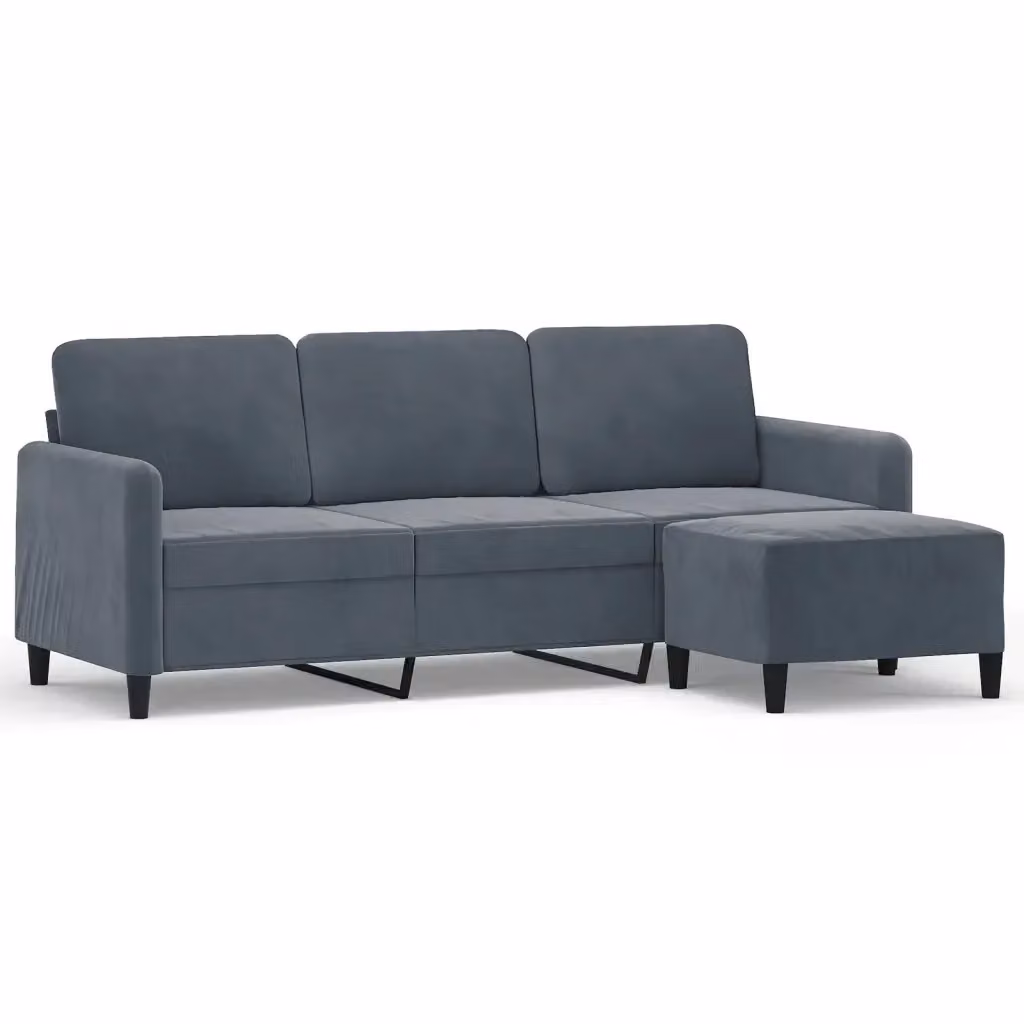 vidaXL Divano a 3 Posti con Poggiapiedi Grigio in Velluto Moderno L: 198 cm, P: 80 cm, H: 77 cm – 2