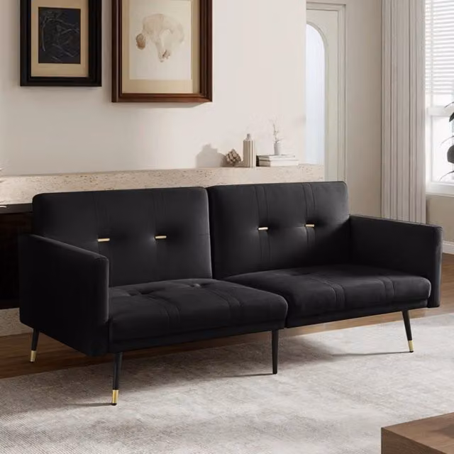 Divano letto MIVRAY a 2 posti in velluto nero con schienali regolabili e funzione letto per soggiorno o camera da letto L: 164 cm, P: 70 cm, H: 70 cm