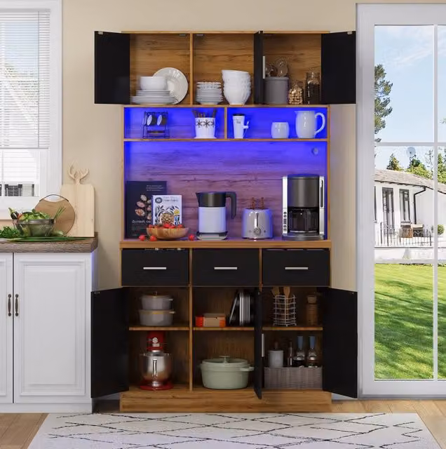 Buffet cucina 100x40x180 cm con LED; prese USB; cassetti e ripiani regolabili; naturale e nero