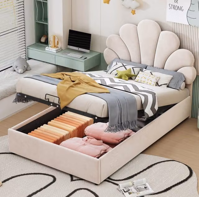 Letto imbottito 90x200 cm; contenitore idraulico; velluto; beige (Senza materasso)