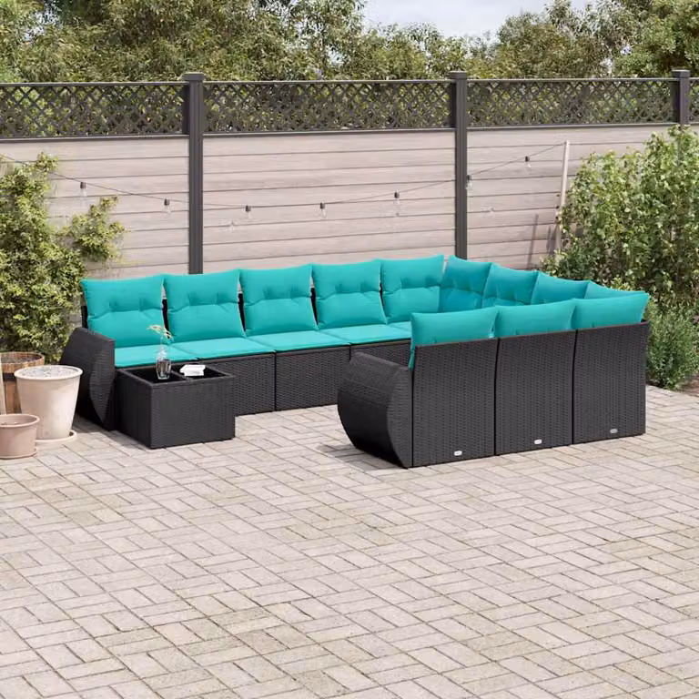 Set Divani da Giardino vidaXL 11 pz a Forma a L con Cuscini e Tavolino, Polyrattan e Metallo, Colore Nero, Blu e Turchese