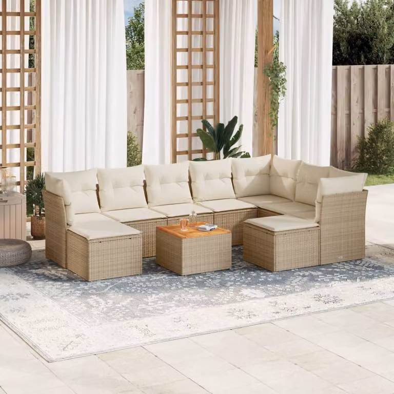 Set Divano da Giardino vidaXL 10 pz in Polyrattan con Cuscini Beige e Tavolino da Esterno