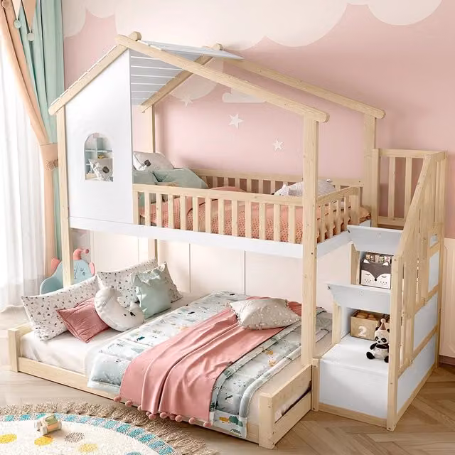 Letto a castello 90+140x200cm - Xylo - naturale/bianco, scala-ripiano, finestra