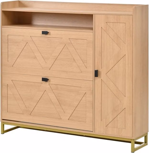Armadio portascarpe con doppio sportello a ribalta, mobile laterale e ripiano aperto, design a rilievo geometrico, struttura in metallo, 110x24x100 cm, colore naturale