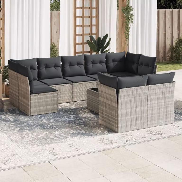 vidaXL Set Divano da Giardino 10 pz in Polyrattan Grigio con Cuscini e Tavolino da Esterno