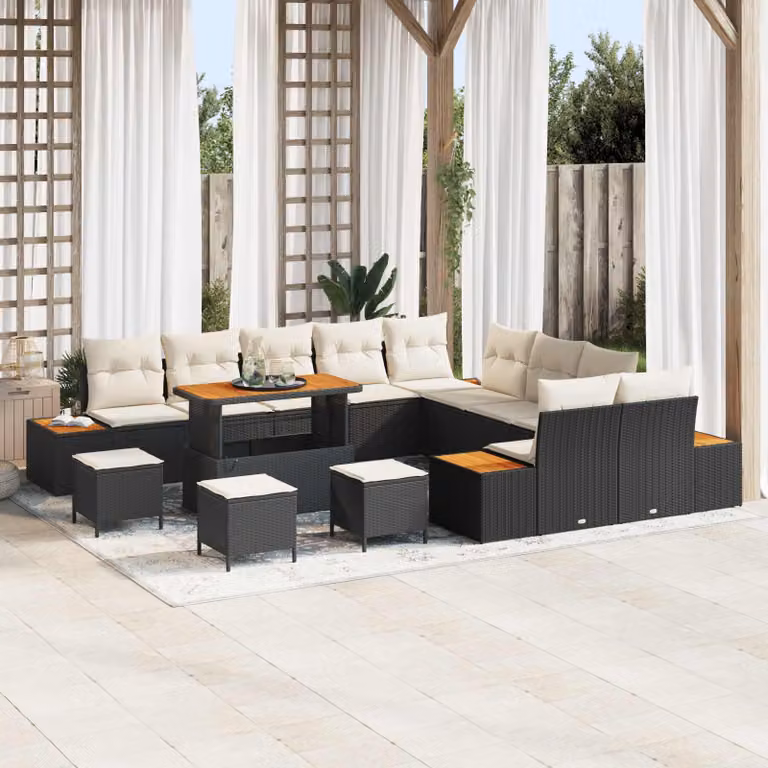 Set Divano da Giardino vidaXL 14 Pezzi con Cuscini Nero e Beige in Metallo e Tessuto