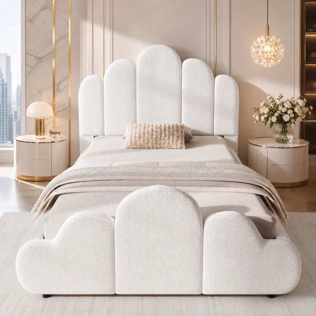 Letto singolo imbottito ULEVR 90x200 cm con rete a doghe inclusa, bordi arrotondati e rivestimento boucl¨¦ beige