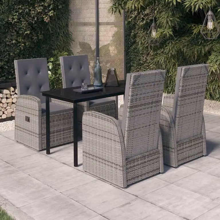 Set da pranzo da giardino vidaXL in polyrattan con cuscini e tavolo in vetro, 5 pezzi, Grigio e Nero