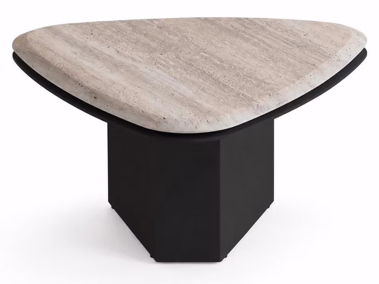 Tavolino robusto, nero, stabile, a forma triangolare, in legno massello, dal design semplice e minimalista