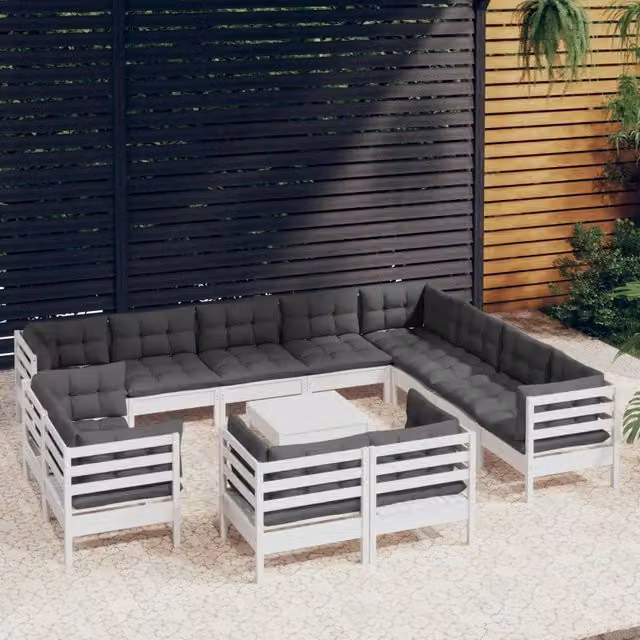 Set di Divani da Giardino a Forma di U vidaXL in Legno di Pino con Cuscini Bianchi e Antracite – 1