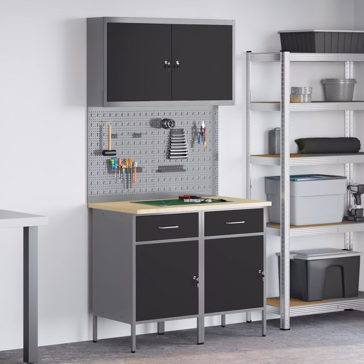 Carrello da lavoro mobile vidaXL in 5 pezzi nero con legno ingegnerizzato e acciaio con serratura