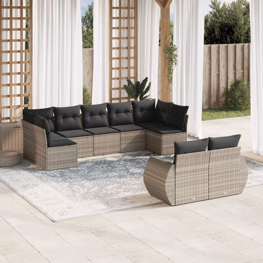 vidaXL Set Divano da Giardino 9pz in Polyrattan con Cuscini Grigio Chiaro – 1