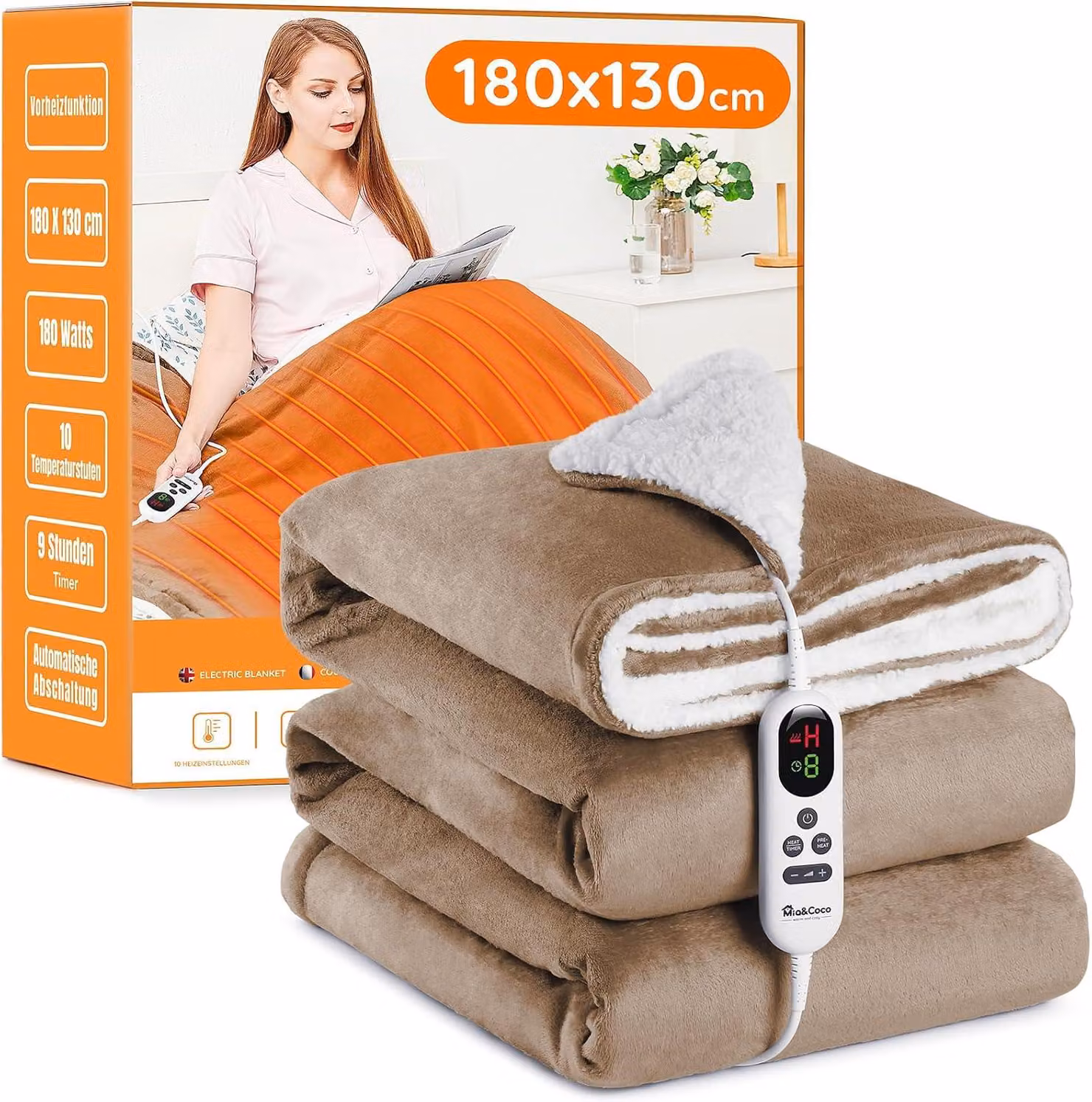Coperta elettrica con spegnimento automatico, 130 x 180 cm, 10 livelli di riscaldamento, timer di spegnimento automatico da 1 a 9 ore, protezione contro il surriscaldamento, coperta riscaldante elettrica, per il letto