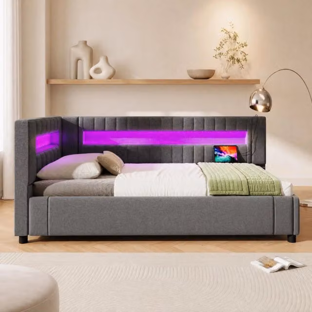 Letto daybed MODFU in tessuto grigio con contenitore idraulico, illuminazione LED e porte di ricarica USB e Type-C, L/P: 90 x 200 cm