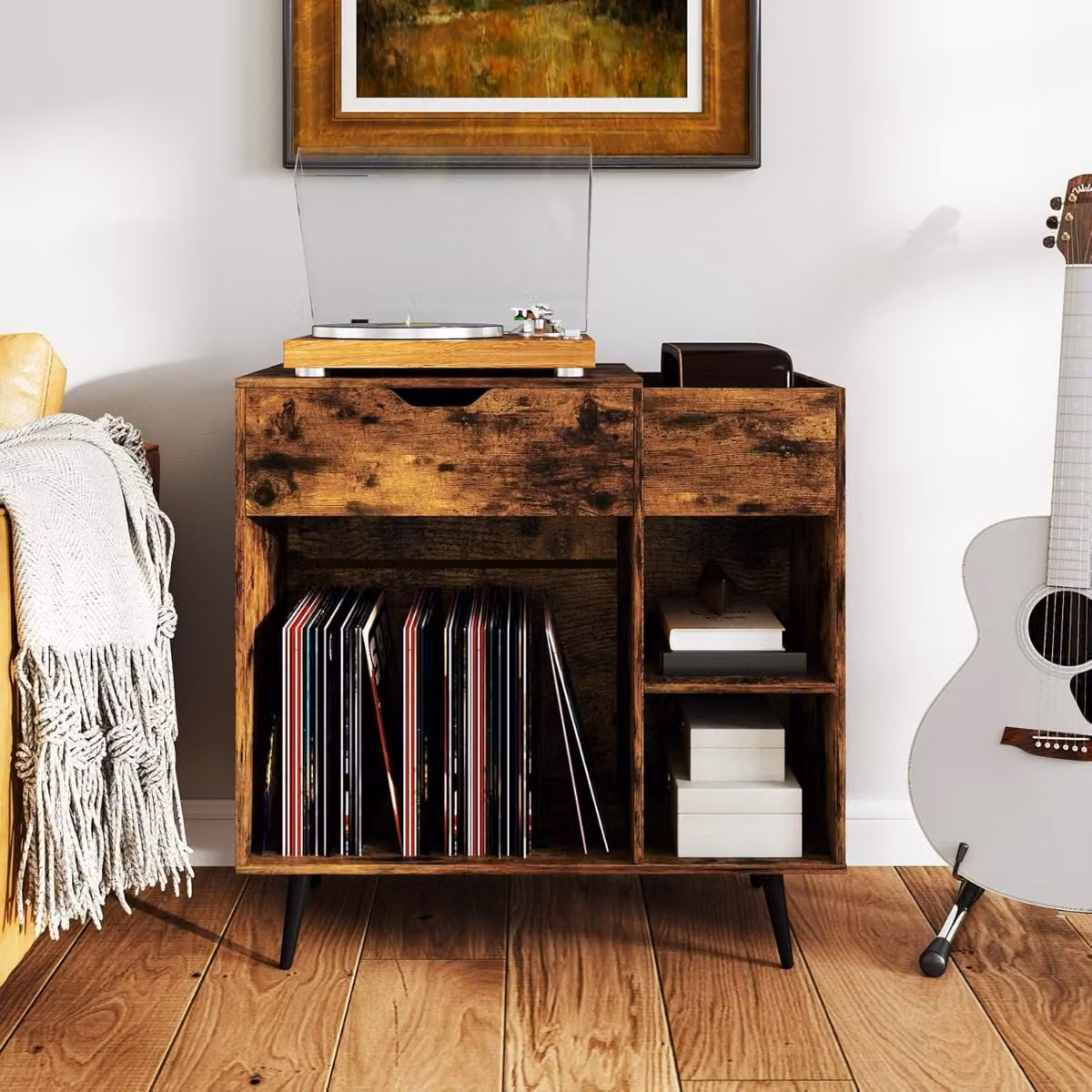 Tavolo per giradischi Costway in legno con cassetto estraibile, colore Marrone Rustico per soggiorno e camera da letto