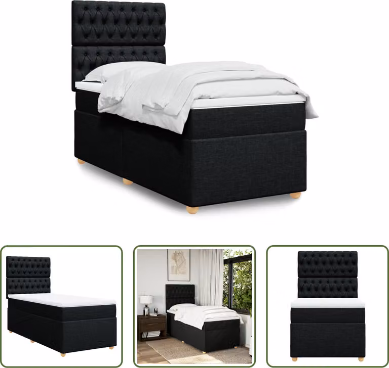 The Living Store Letto a molle con materasso nero 100x200 cm in tessuto
