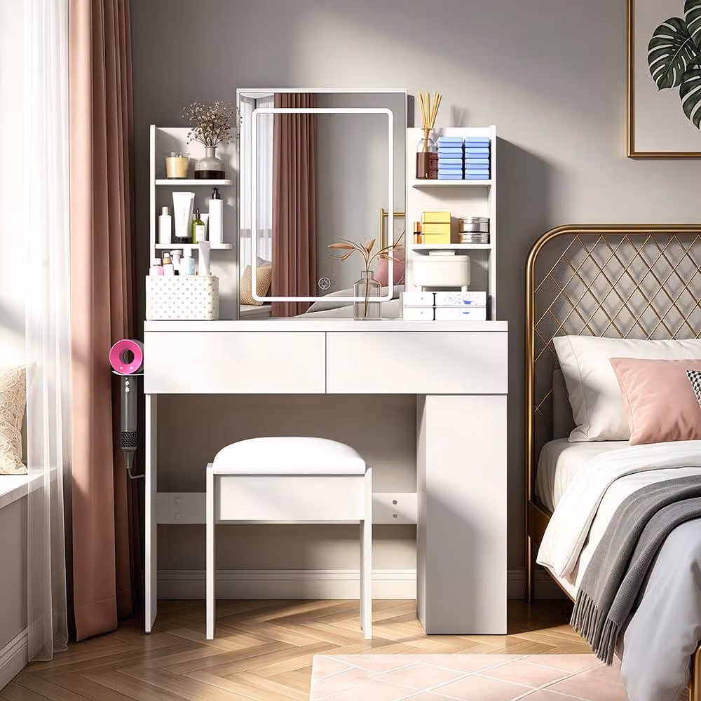 Toeletta a LED con specchio, sgabello e presa di corrente, illuminazione regolabile con 3 modalità di colore, toletta con porta USB, 2 cassetti, 4 ripiani, bianco 90x40x135 cm
