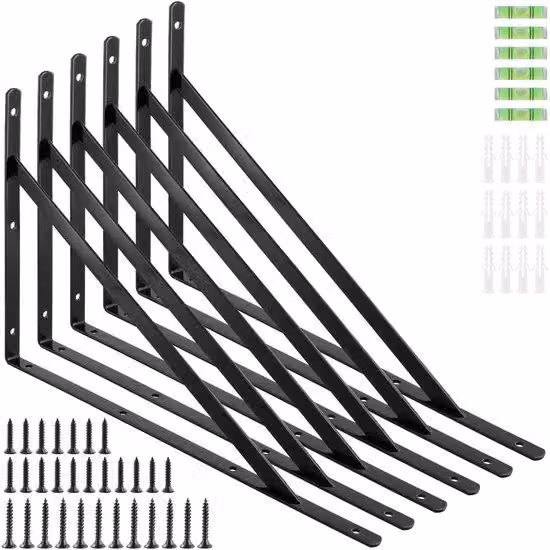 Supporto a parete metallico, 400 x 250 mm - Nero - Metallo - Fissaggio a parete - Capacità di carico 120 kg - Struttura triangolare robusta - Supporto per travi in legno