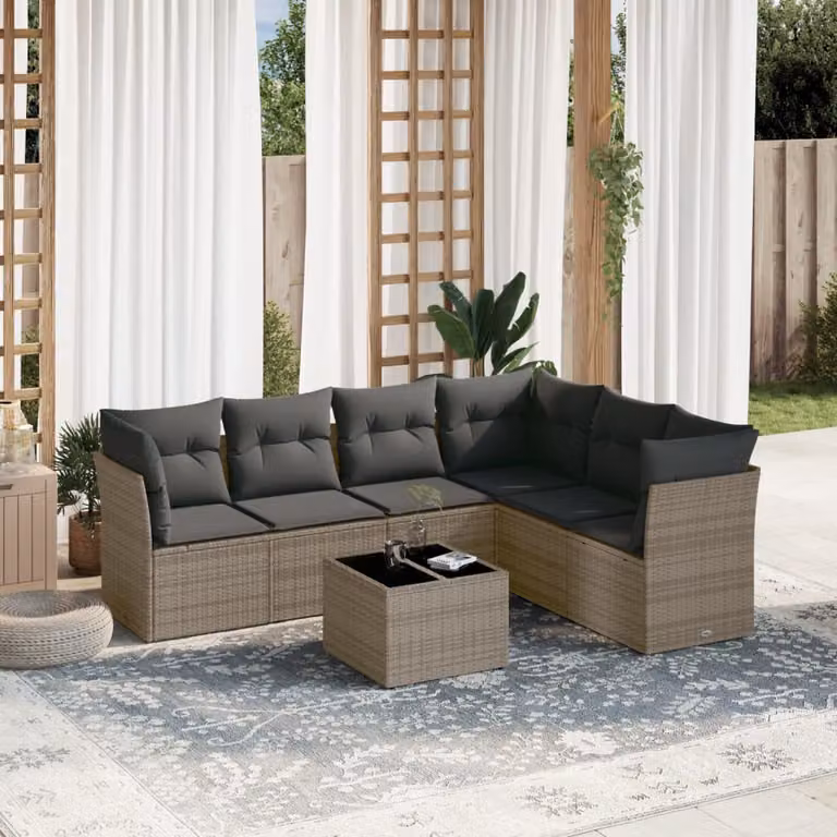 vidaXL Set Divani da Giardino 7 pz in Polyrattan Grigio con Cuscini e Tavolino da Esterno