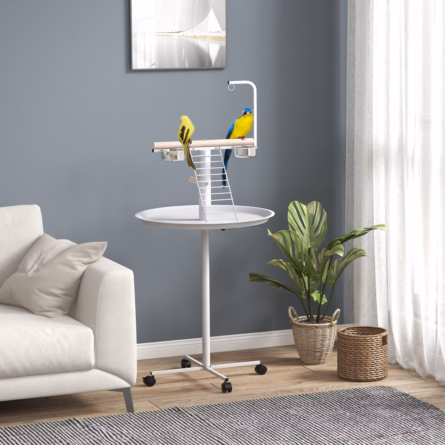Posatoio libero per pappagalli PawHut con scala, altalena e ciotole, Bianco e Naturale, H 138 x L 60 x P 60 cm – 2