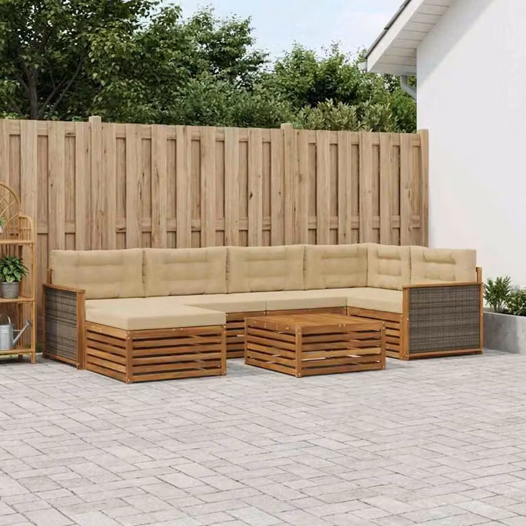 Set di divani da esterno moderno vidaXL in legno di acacia, 7 pezzi, Beige e Marrone