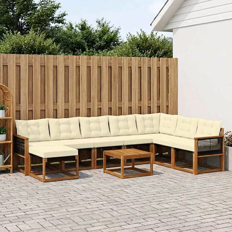 Set di divani da esterno vidaXL 9 pz in legno di acacia con cuscini beige e bianco per giardino e terrazza