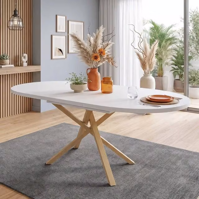 Tavolo da pranzo allungabile rotondo ¨C Minimal ¨C Bianco effetto legno 100/140x100 cm per 4-6 persone gambe incrociate