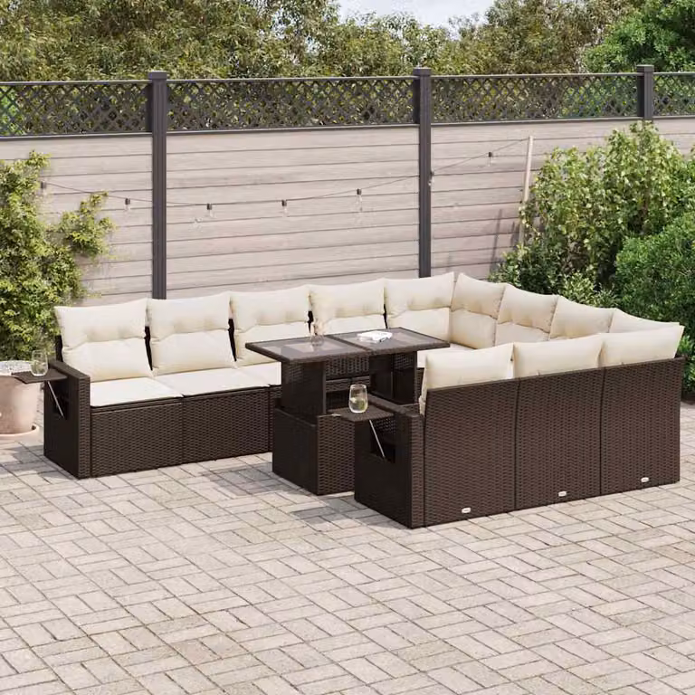 Set Divani da Giardino vidaXL 11 pz a Forma a U con Cuscini e Tavolino, Polyrattan e Metallo, Marrone e Bianco