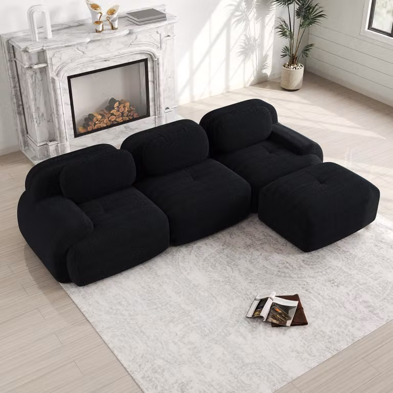 Divano angolare modulare, senza necessità di montaggio, struttura invisibile, imbottitura in Cord e schiuma 32D, braccioli extra-largi, ideale per chi ha animali domestici (nero)