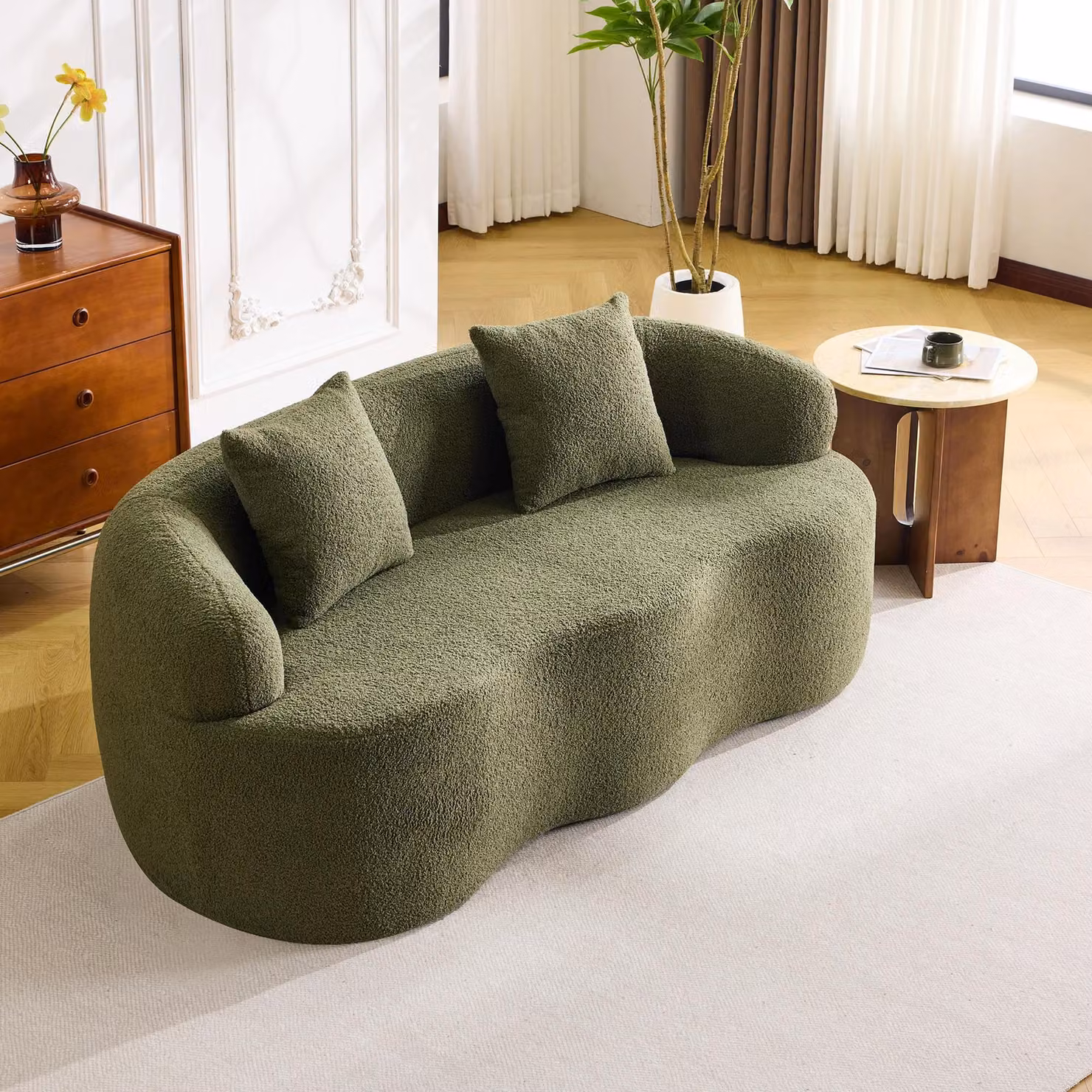 Divano a due posti, design curvo - Divano compatto e imbottito - 2 cuscini - Stile moderno - Tessuto - Assemblaggio richiesto - Verde