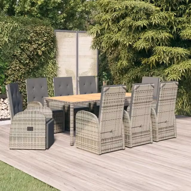 Set da pranzo da giardino vidaXL in polyrattan e legno di acacia con cuscini, 9 pezzi, grigio
