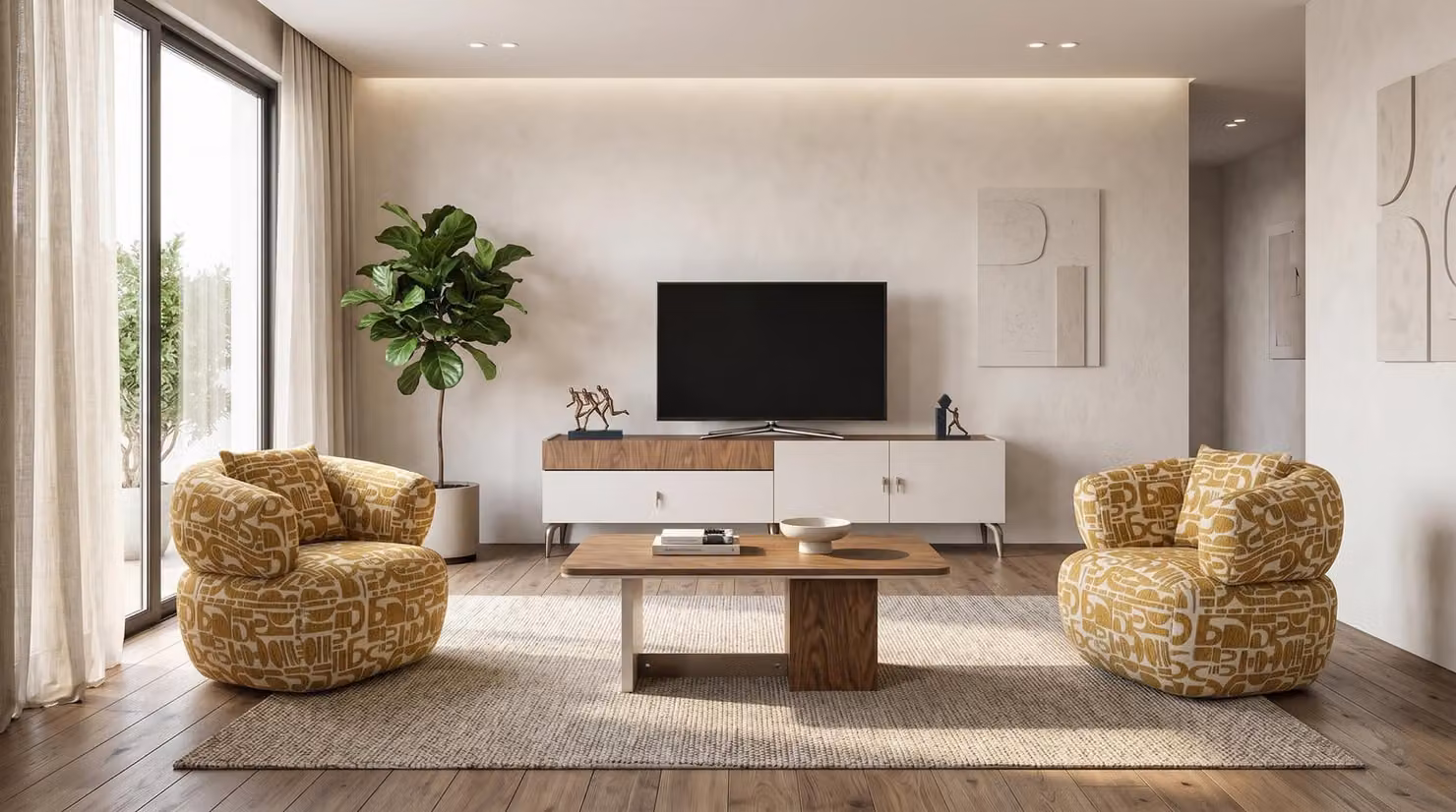 Set di due poltrone, mobili TV, tavolino da caffè, colore beige, motivo moderno, imbottiti