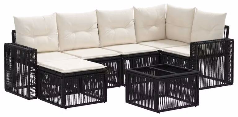 Set Divano da Giardino 7 pcs Nero e Bianco Crema polyrattan