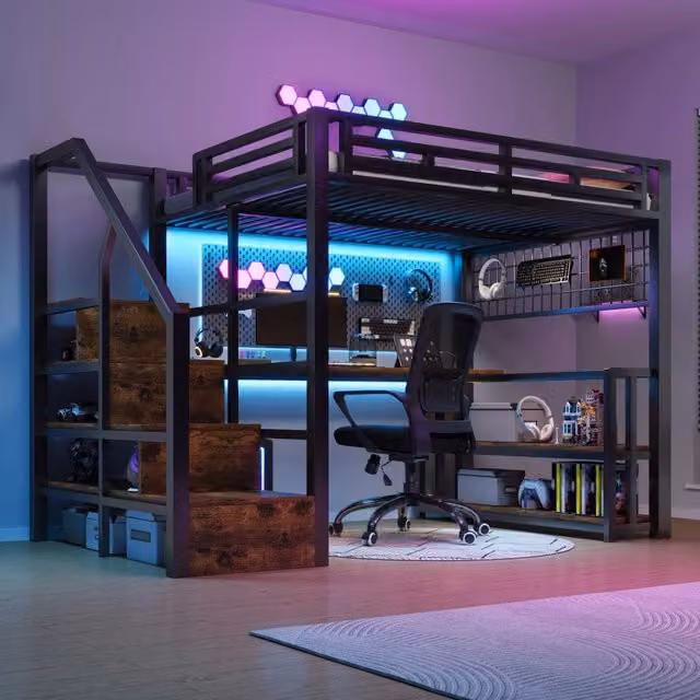 Letto a Soppalco con Scrivania e LED ¨C MINIMAL ¨C Metallo Nero 140x200